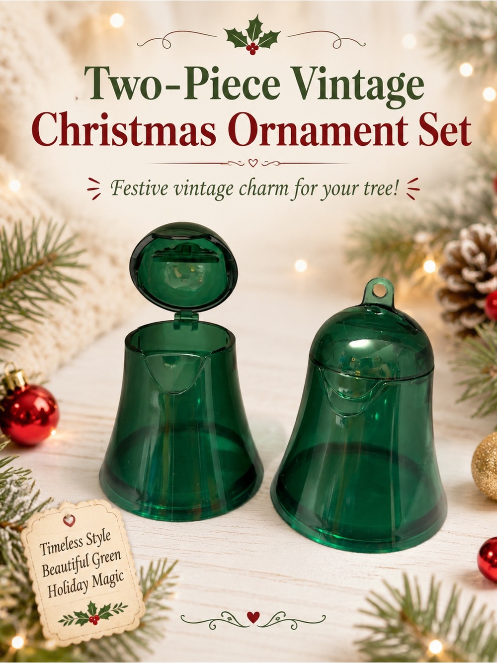 Tupperware Green Two-Piece Bell Ornament Set